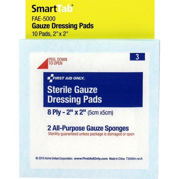 First Aid Only Gauze Dressing Pad, 8-Ply, 2"x2", 10/PK, White, PK10 FAOFAE5000